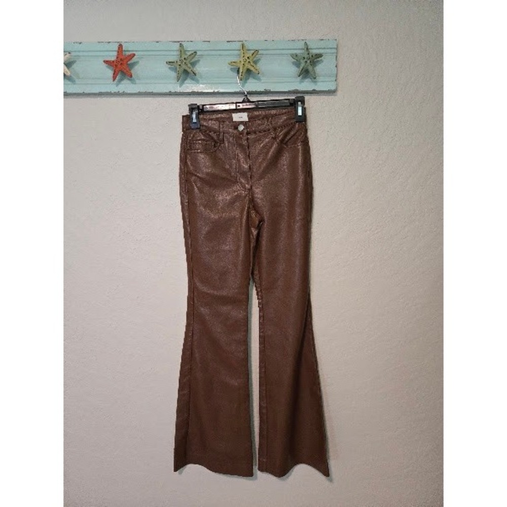 Wilfred Aritzia Faux Leather Flare Pants Brown Snakeskin Embossed Size 0 Cognac